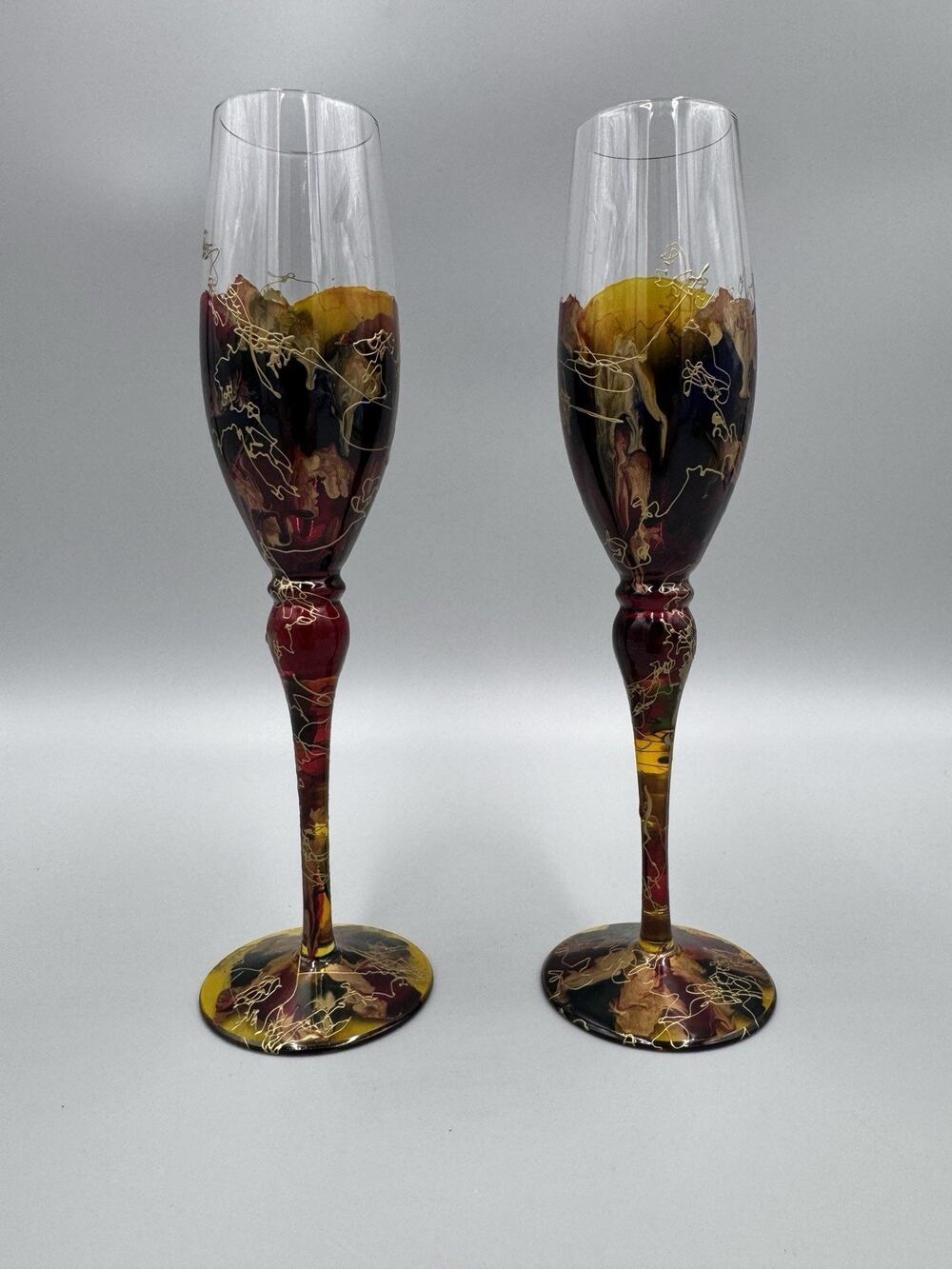 Royal Danube Romania Champagne Crystal Glass Stemware Abstract Hand Painted Set